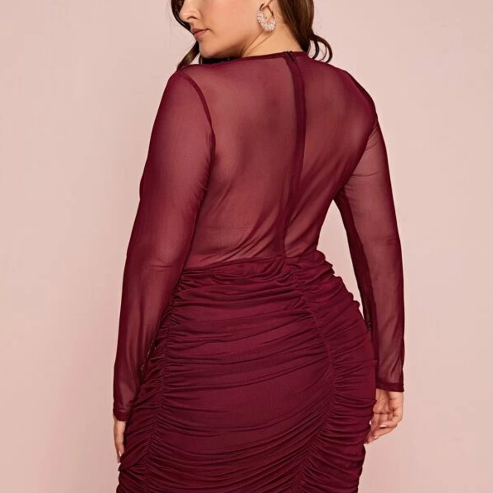 Red Ruched Mesh Dress - Picture 2 of 2